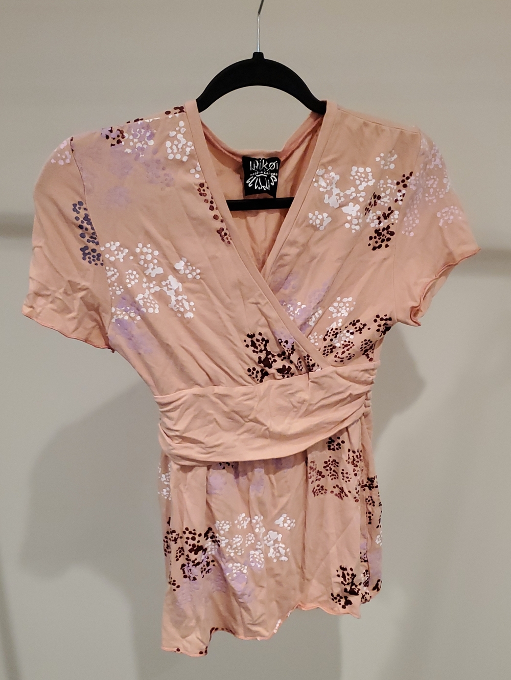 Lilikoi - Pink/Salmon Floral Wrap-Front Blouse